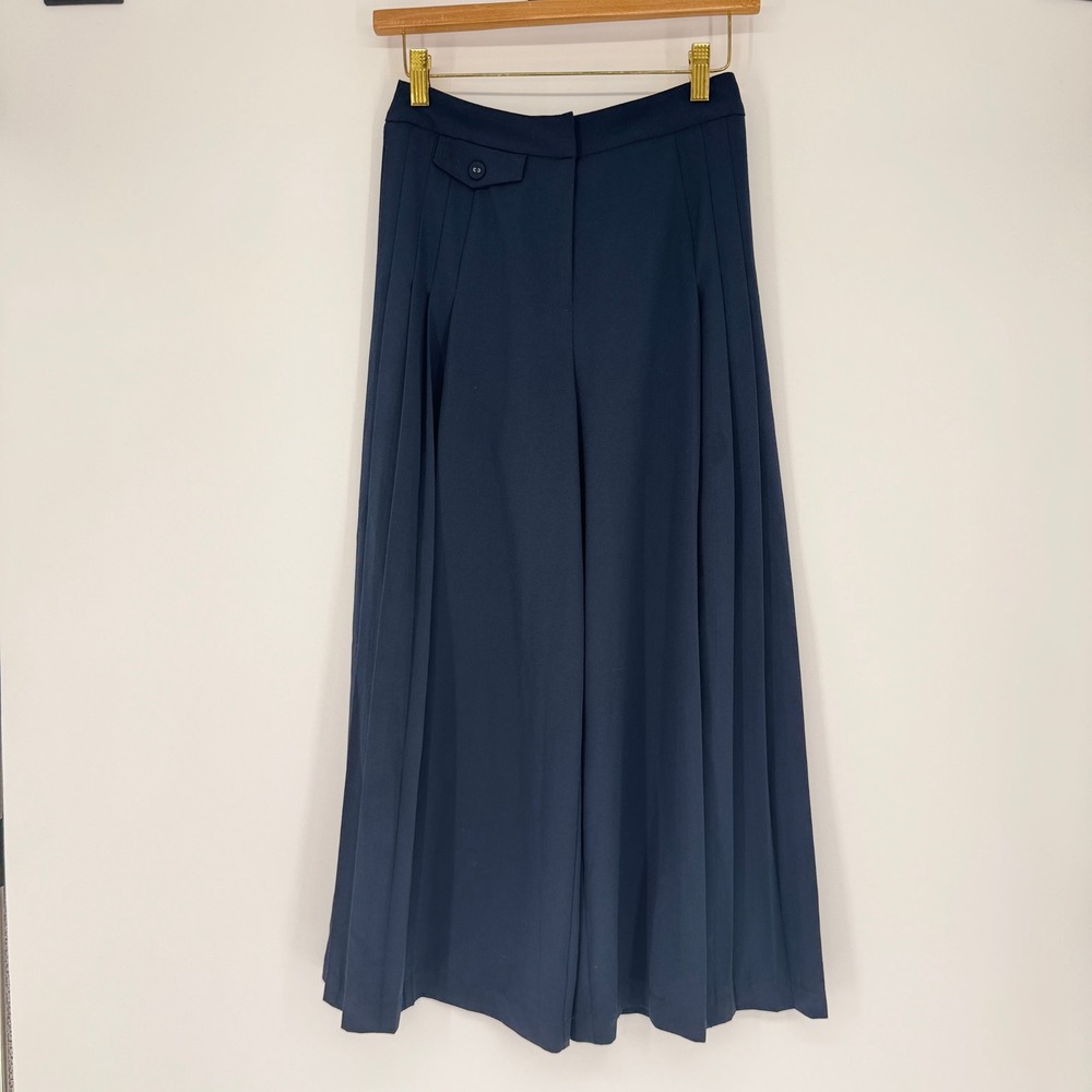 Topshop Wide Leg Culottes Womens 2 Navy Blue Pleated Minimalist Dark Academia